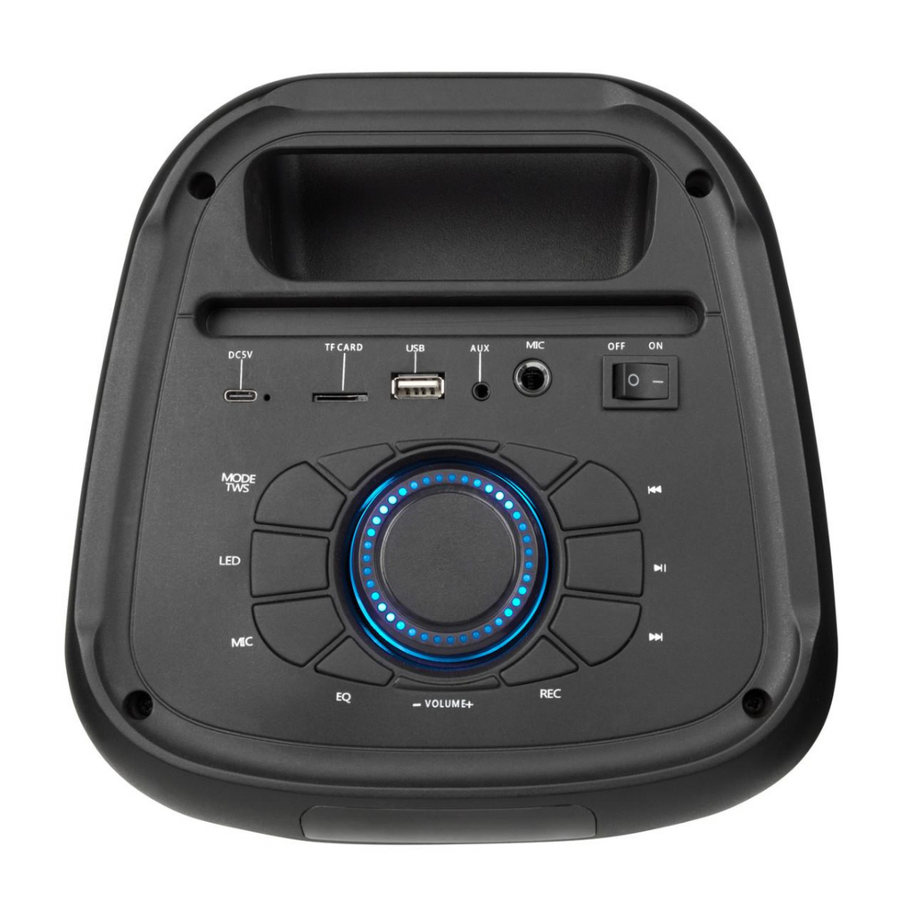 Back panel of black karaoke speaker with ports, mode buttons, and glowing blue dial