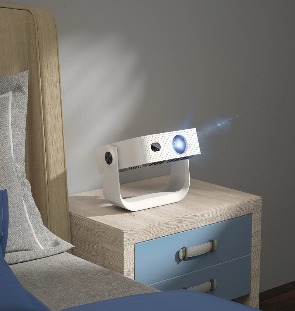 LED 1080p smart projector with front lens and status lights, on a stand