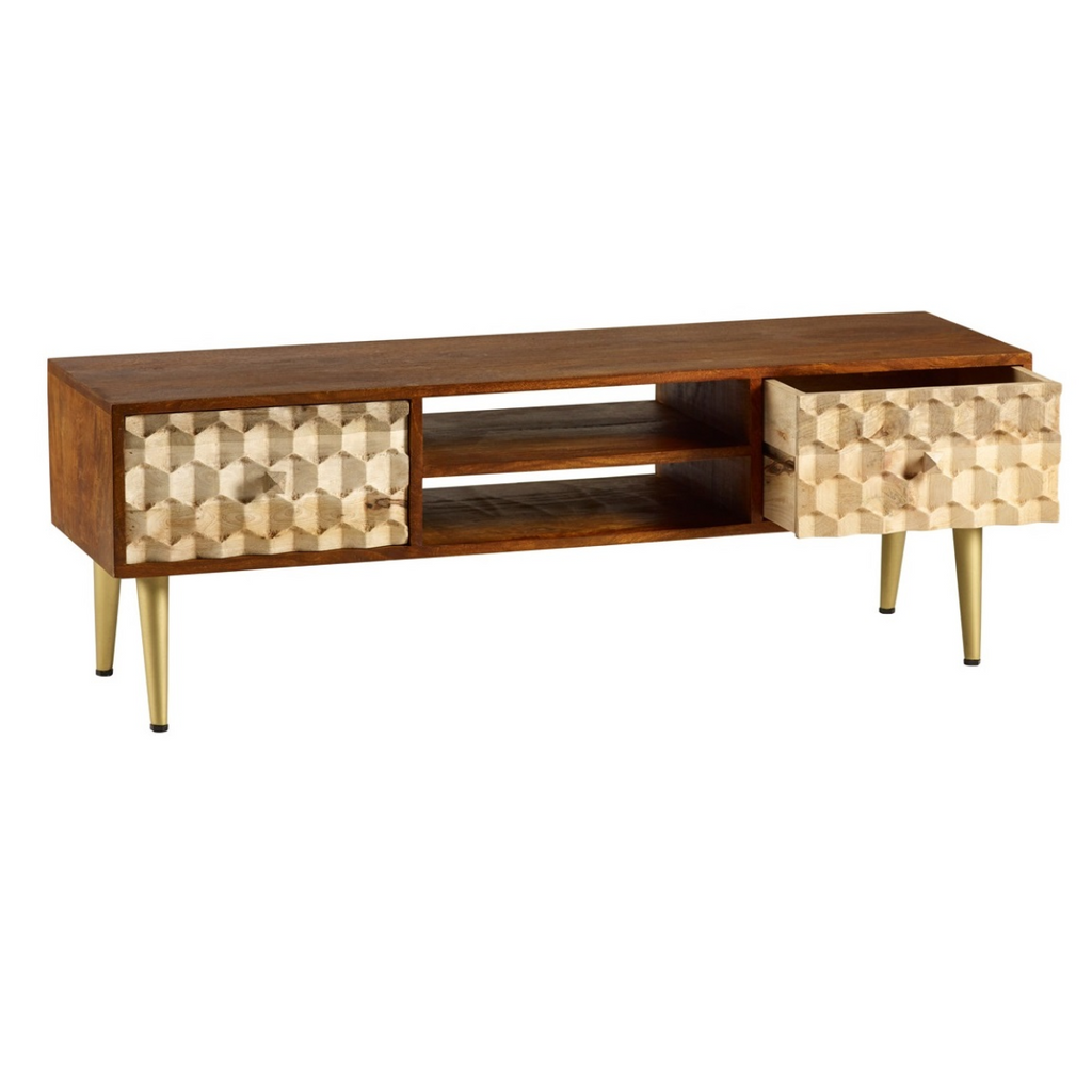 Wood TV stand with two patterned drawer compartments and open shelving inside