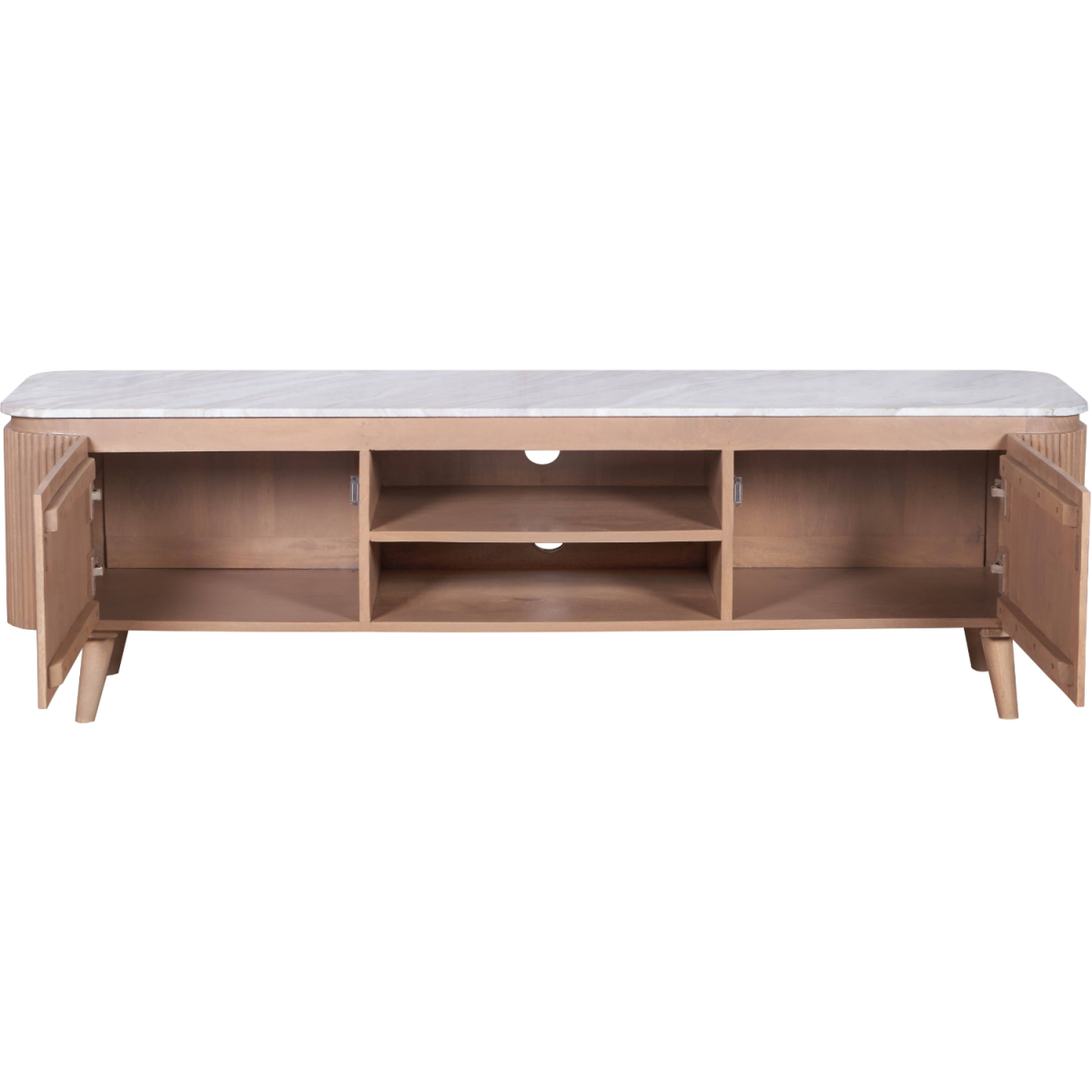 Large TV cabinet with open side compartments and center shelves, veined marble top