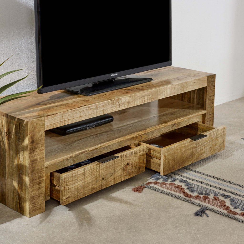 Solid wood TV stand with open shelf and 2 drawers, TV on top, wider angle