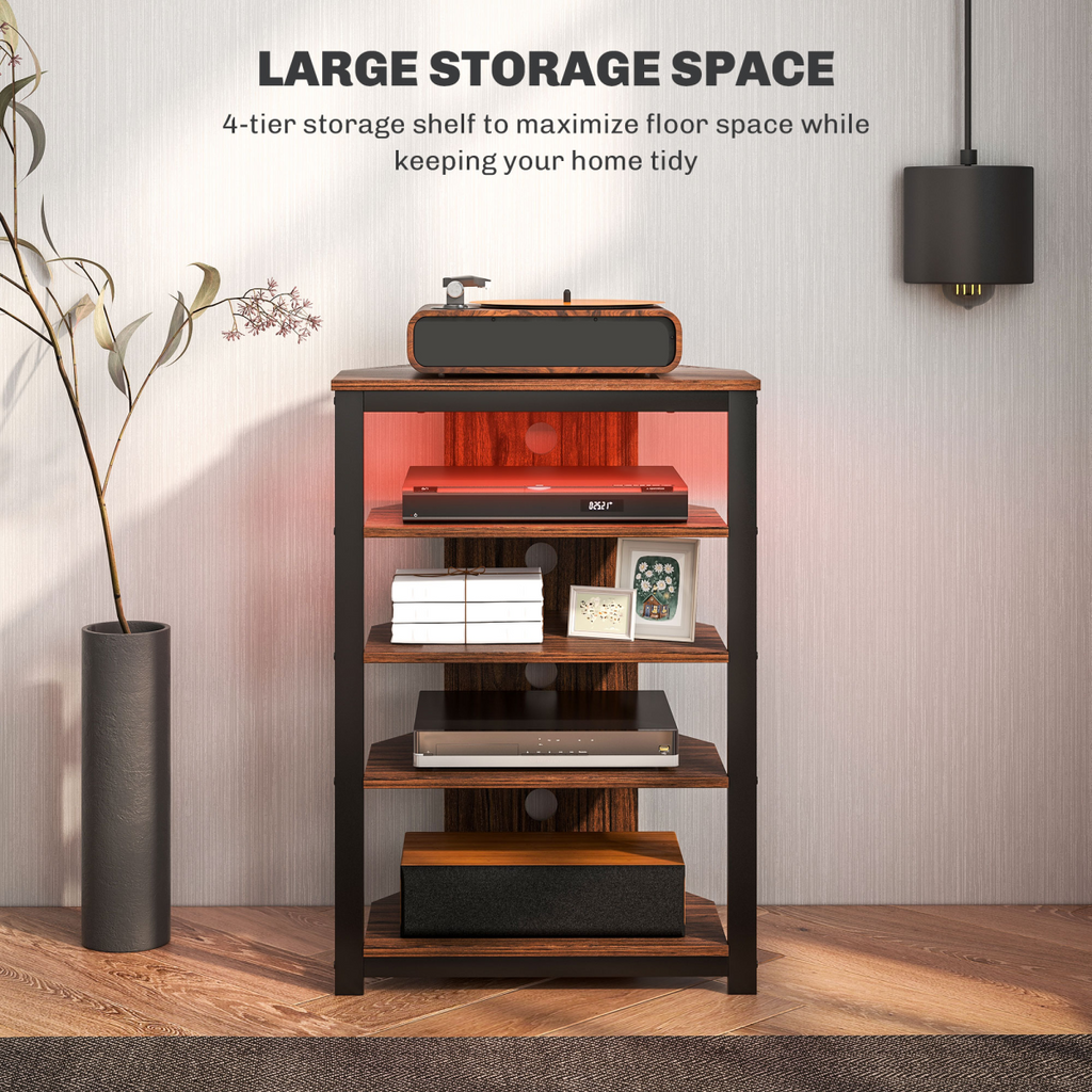 4-tier TV stand with open shelves, wood-and-black frame, and glowing LED light strip.