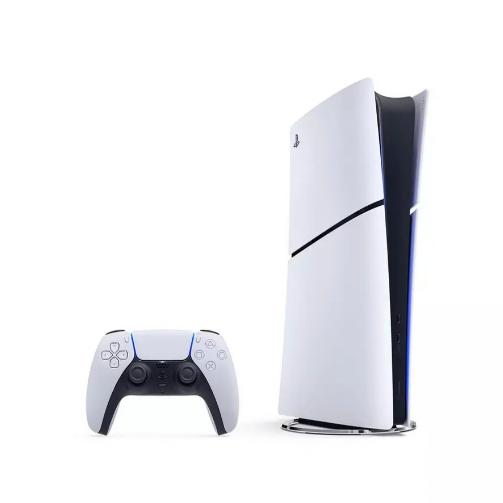 White PS5 Digital Edition console with DualSense wireless controller, black accents