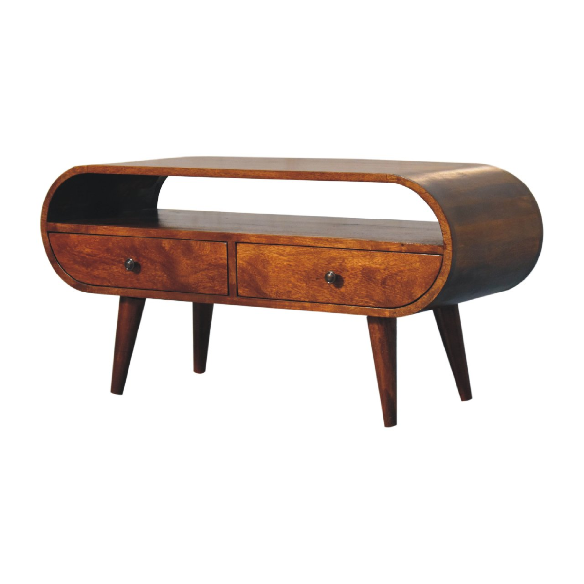 Chestnut round TV stand with two front drawers, curved ends, and four legs