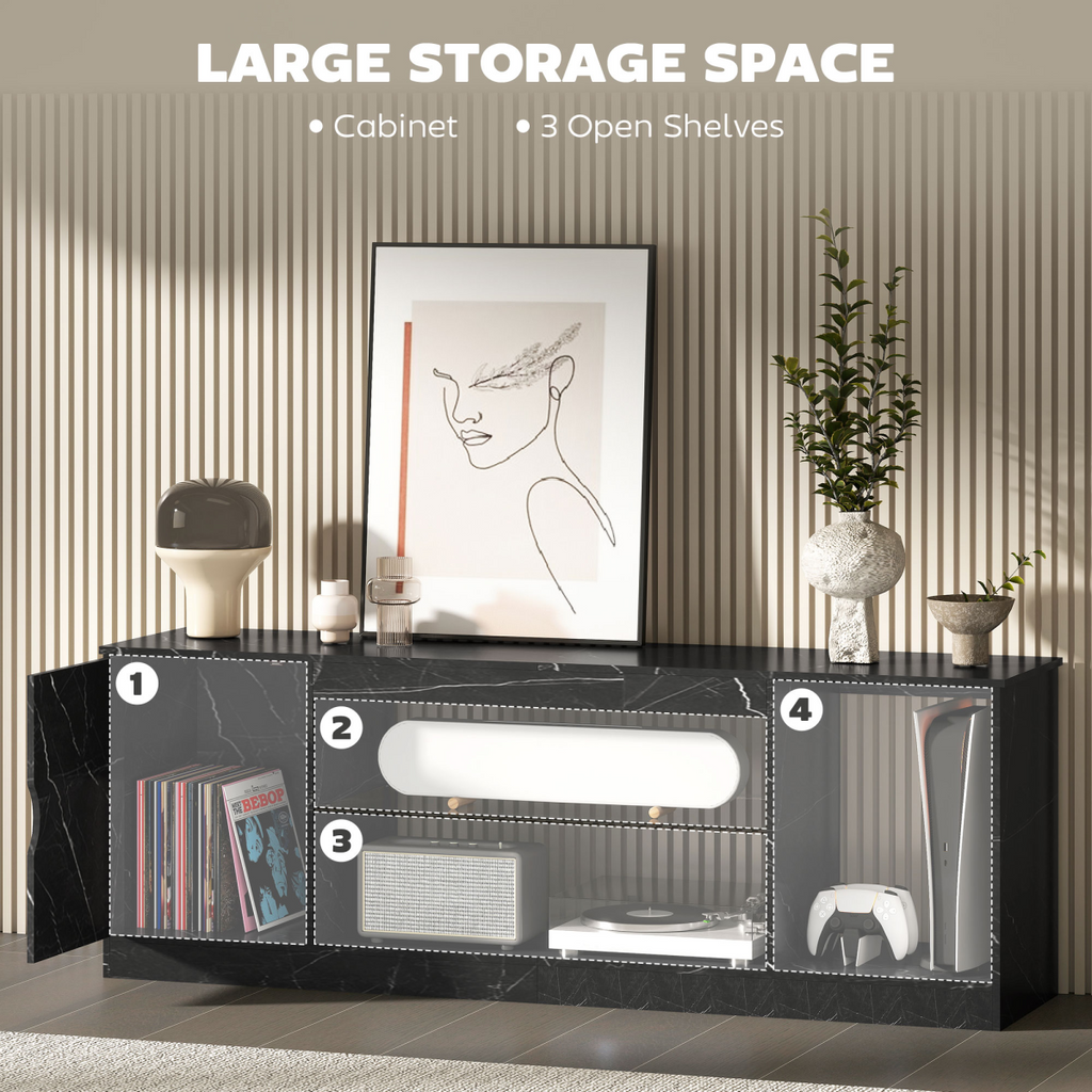 Black marble-effect TV stand with cabinet doors and three open shelves for storage.