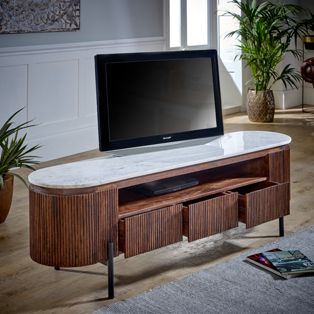 Large TV stand with marble-look top, brown mango wood slats, black metal legs, open shelf