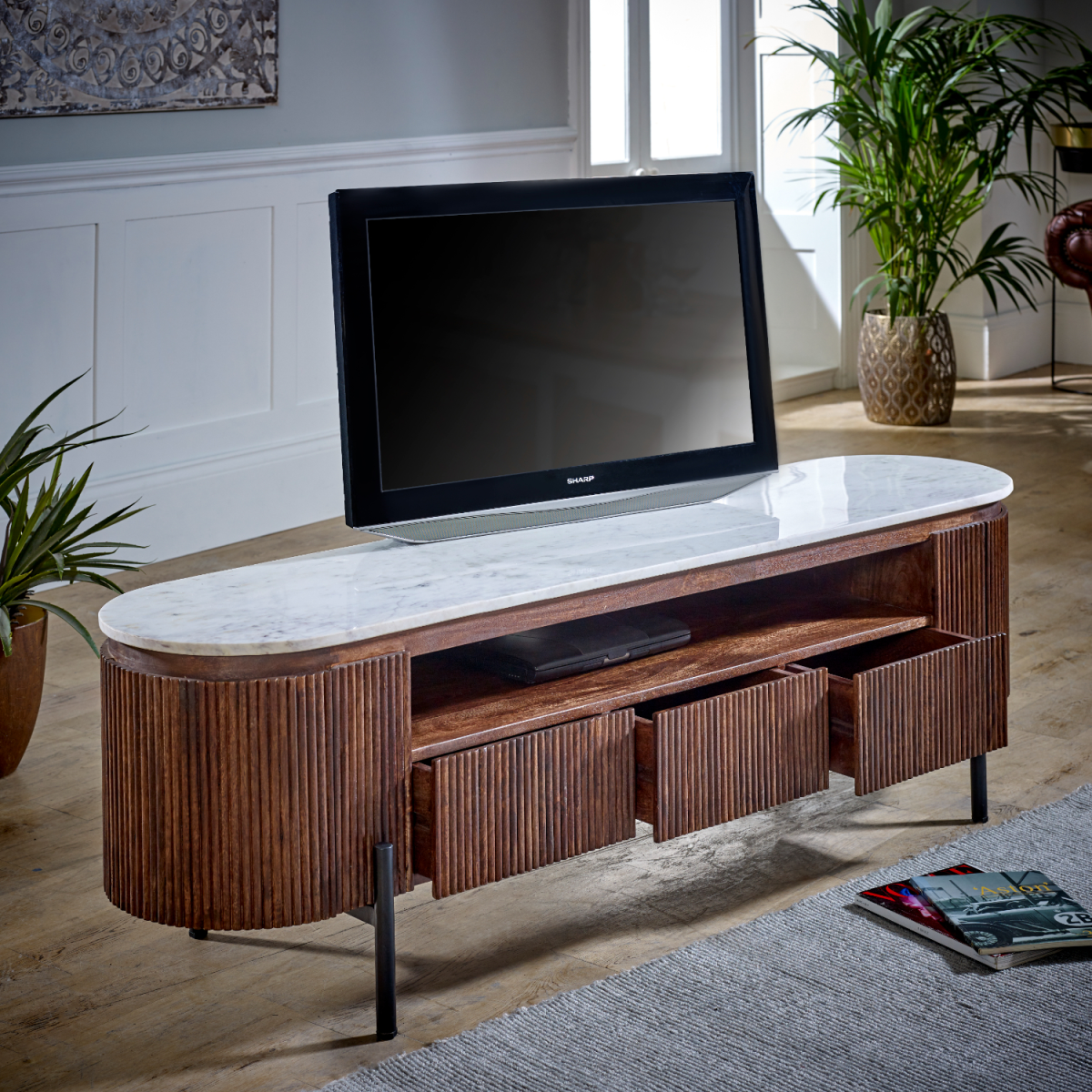 Large TV stand with marble-look top, brown mango wood slats, black metal legs, open shelf