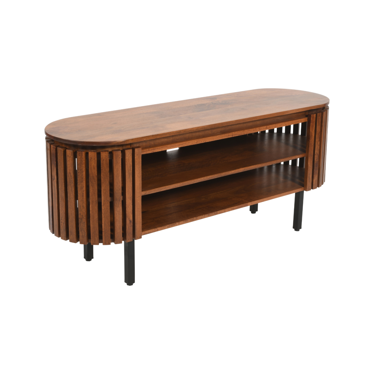 Slatted mango wood TV cabinet with side slats, two open shelves, and black legs
