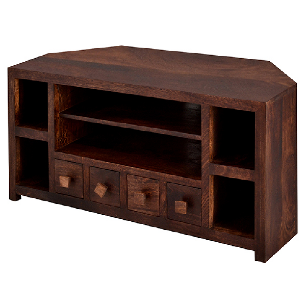 Corner TV cabinet with dark mango finish, open storage, two cubbies, and four drawer doors