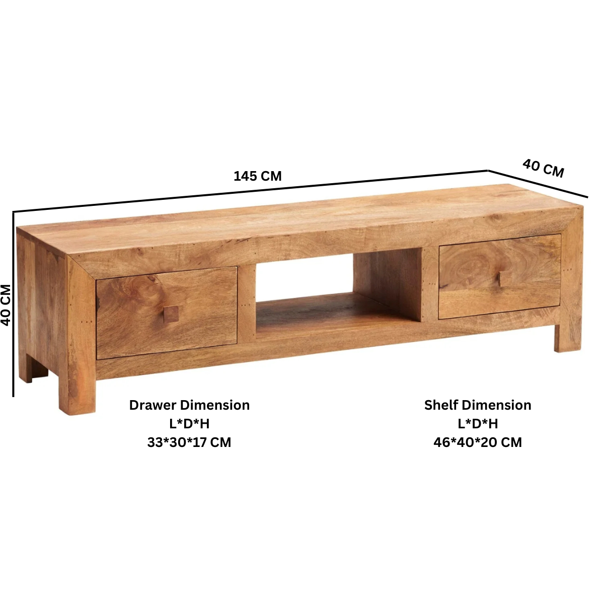 Light mango wood TV cabinet dimensions: 145cm wide, 40cm deep, 40cm high
