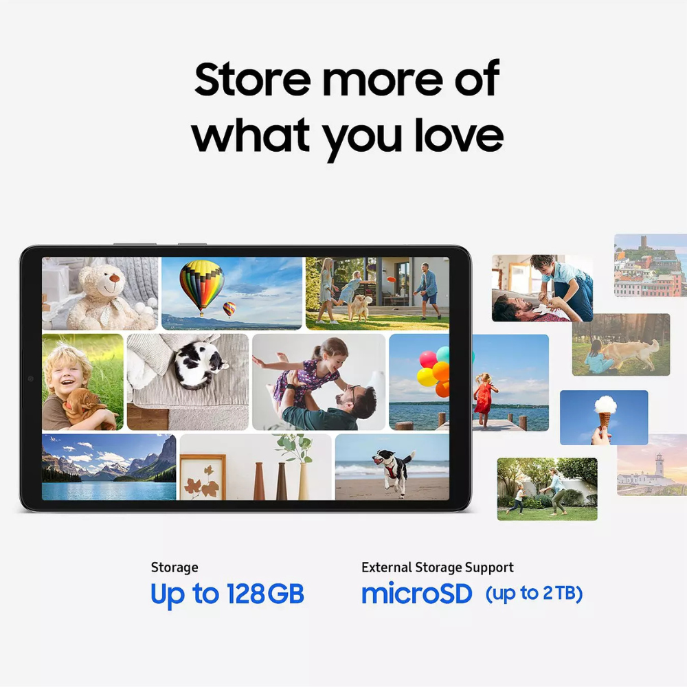 Grey Samsung tablet with touchscreen showing a collage of photos