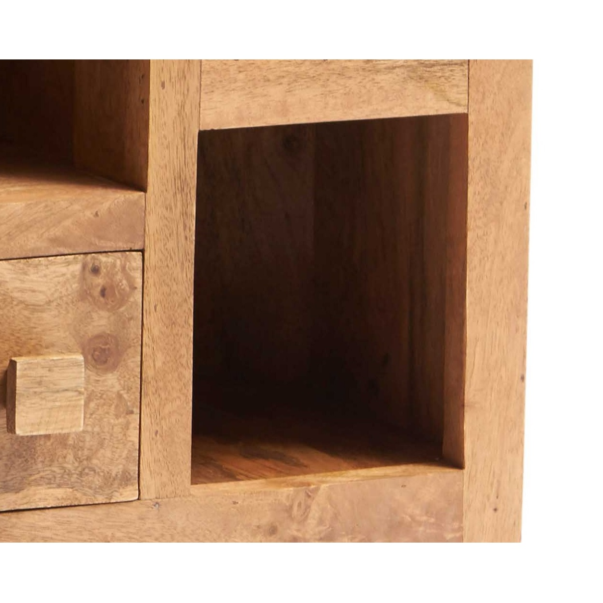Light mango wood TV corner unit close-up of open interior compartment