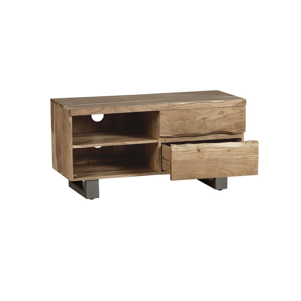 Wood TV stand with open shelf and sliding drawer, visible wood grain and knots