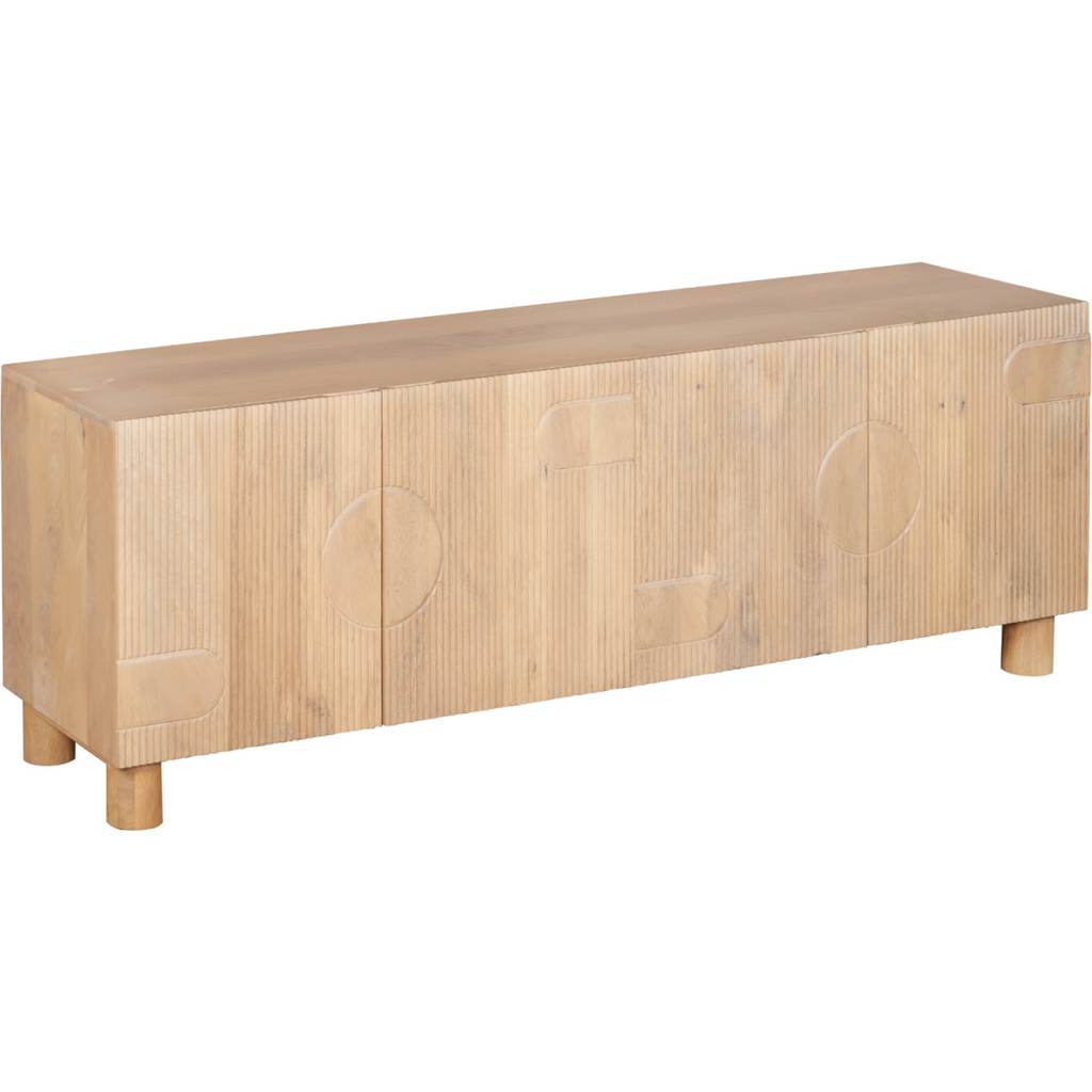 Light wood TV cabinet side with carved circular pattern and tapered legs