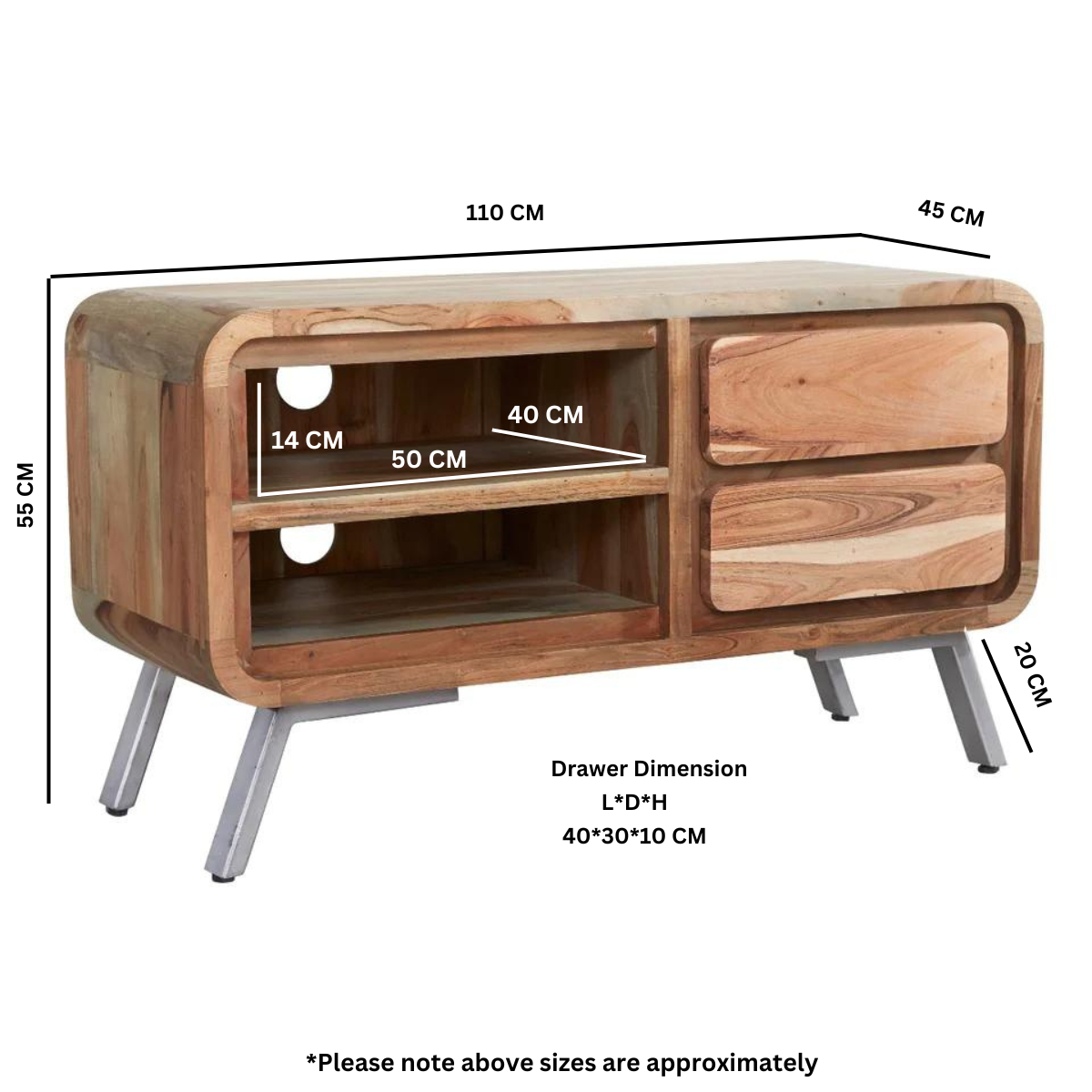 TV cabinet size 110x45x55 cm; drawer size 40x30x10 cm