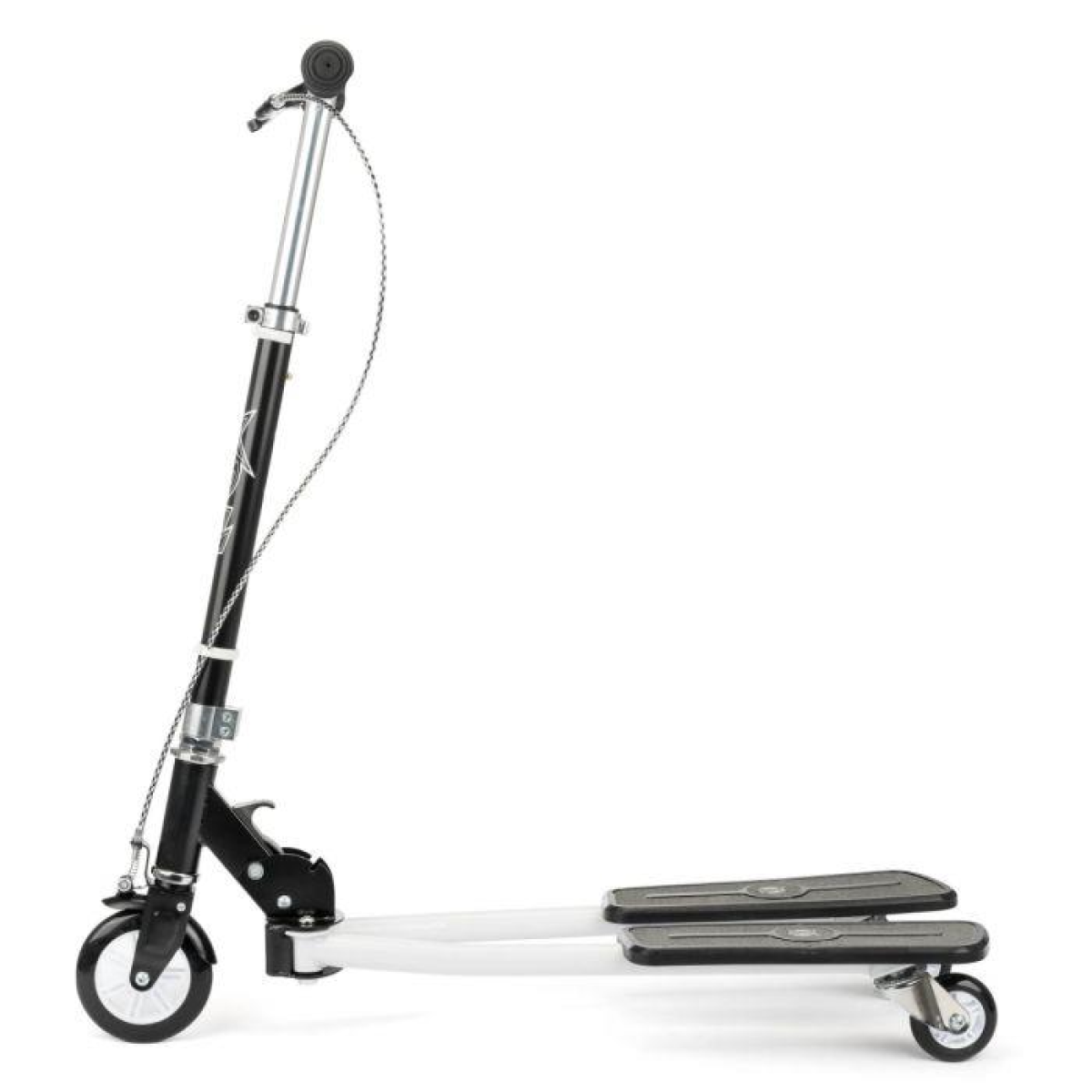 Compact white kick scooter with black front fork, single front wheel, and foot deck