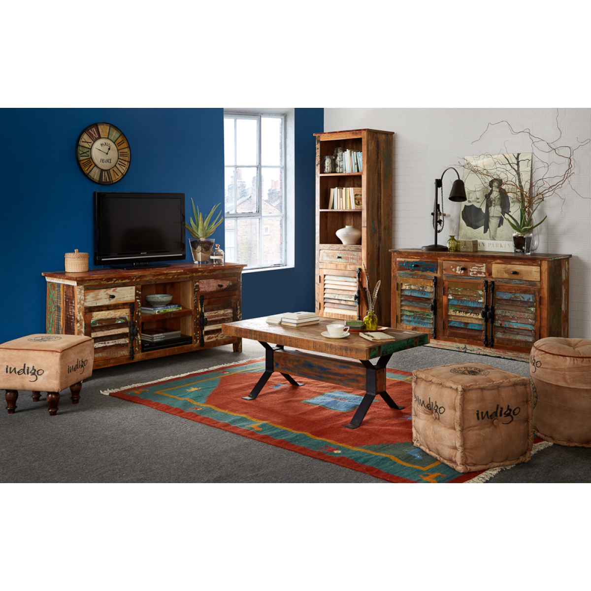 Distressed reclaimed-wood TV credenza with open center shelves and two drawer sections