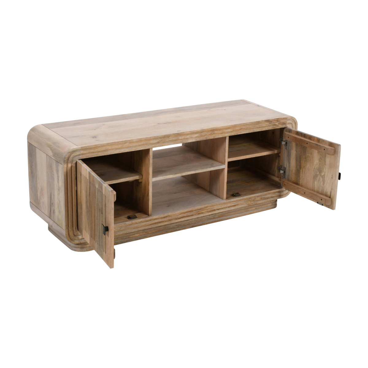 Mango wood TV cabinet with side door open to reveal interior shelves and compartments.