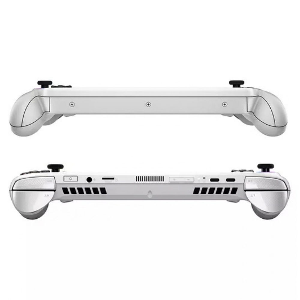 White handheld gaming console underside view with ventilation slots and ports