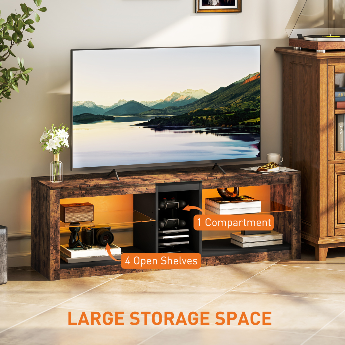 Rustic brown TV stand with one cabinet and four open shelves