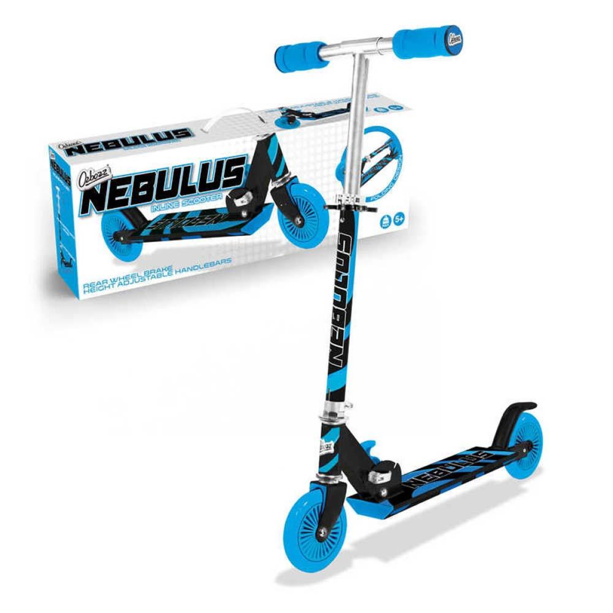 Blue and black kick scooter with blue wheels, shown with retail box