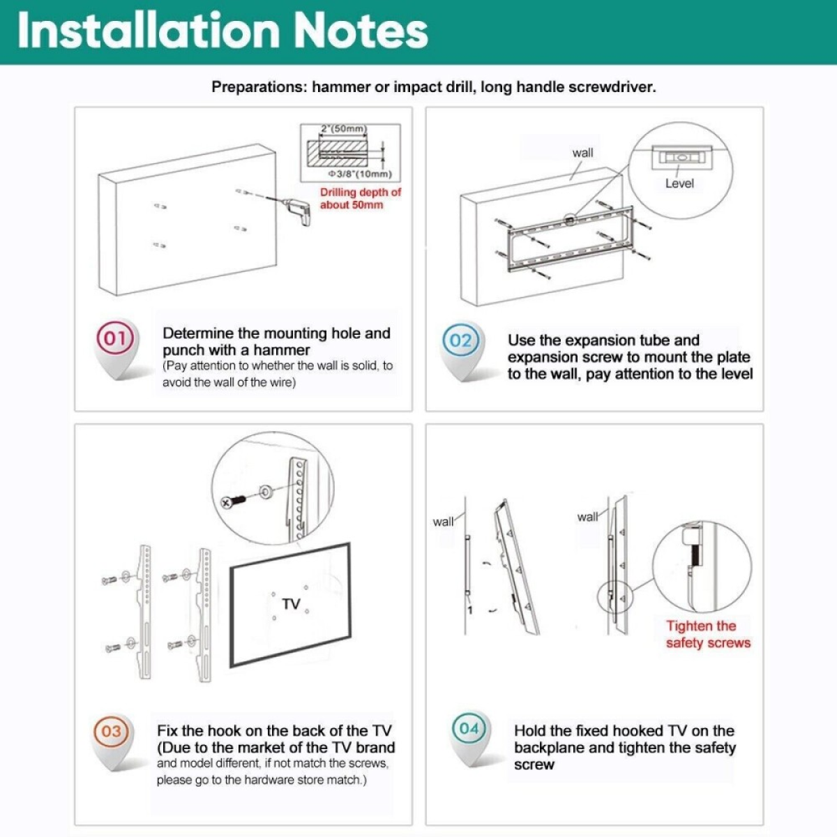 TV wall mount installation notes sheet with step-by-step mounting diagrams