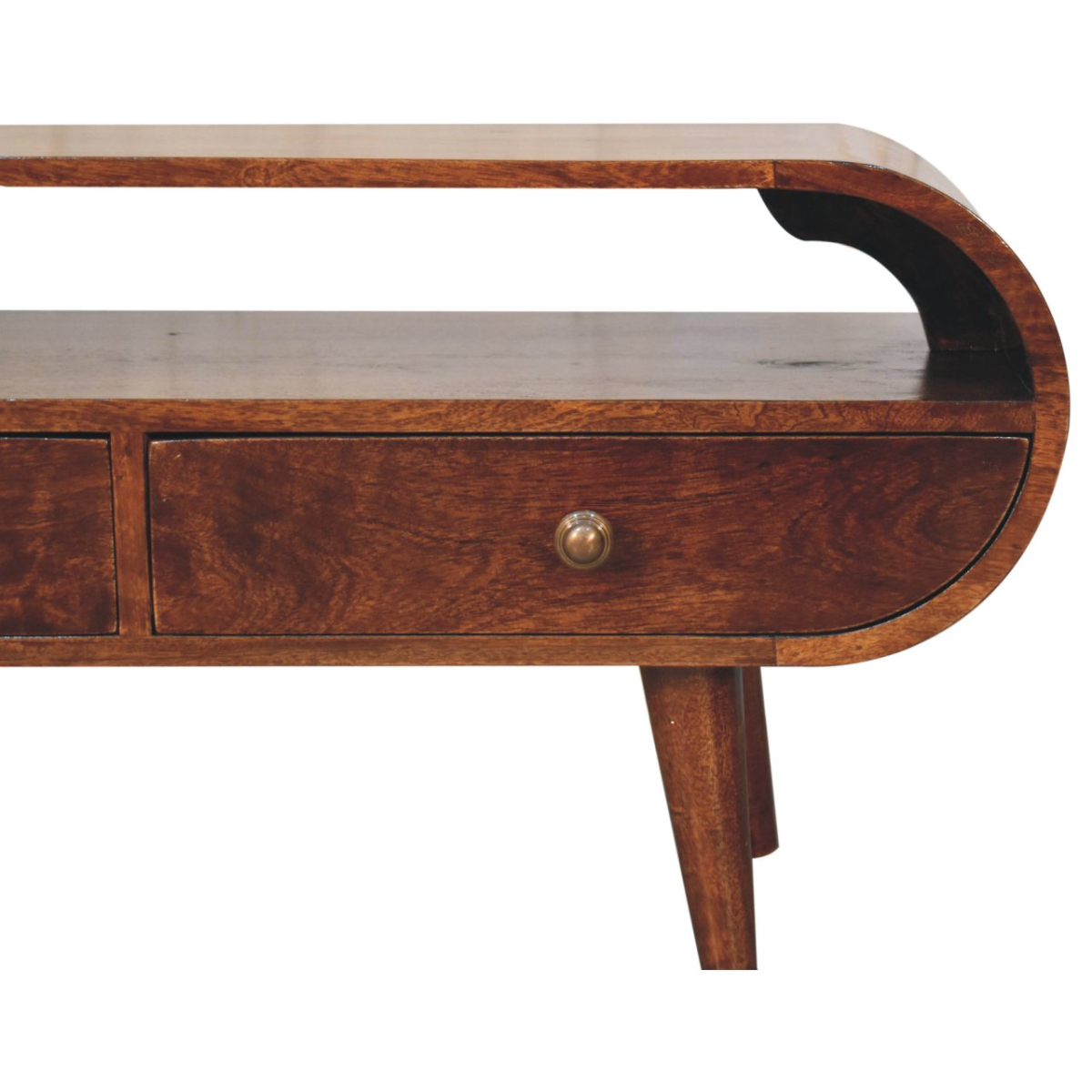 Walnut TV stand drawer with round brass knob and curved end, open shelf above