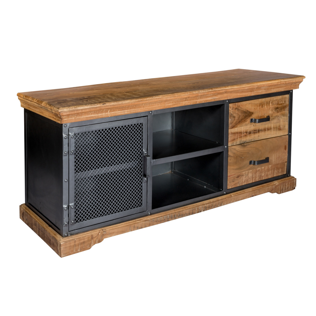 Wood TV media console with black mesh cabinet door, open shelves, and two drawer fronts.