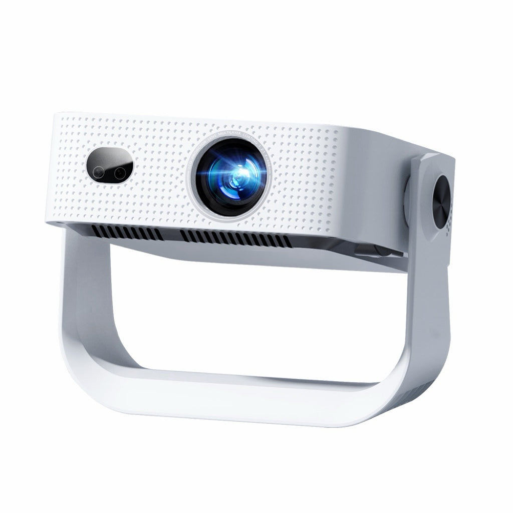 White smart projector front view with blue-lit lens and side air-vent grille