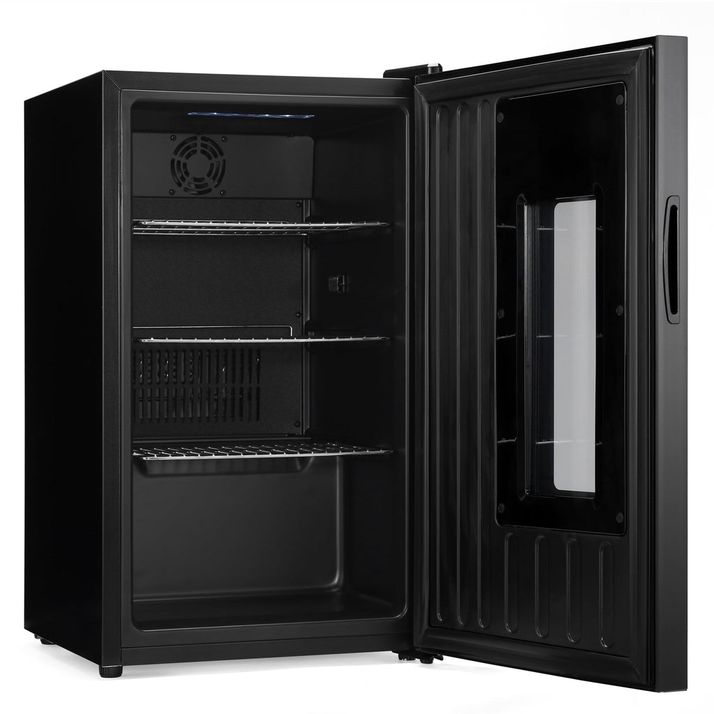 Black Subcold beer fridge with door open showing empty ventilated interior