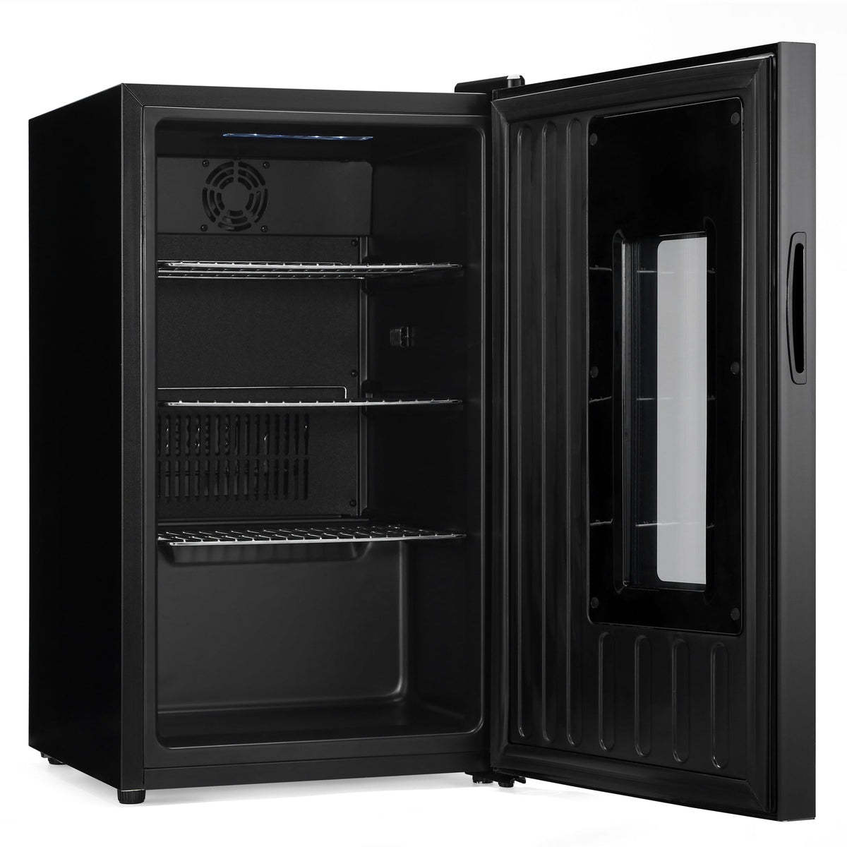 Black Subcold beer fridge with door open showing empty ventilated interior