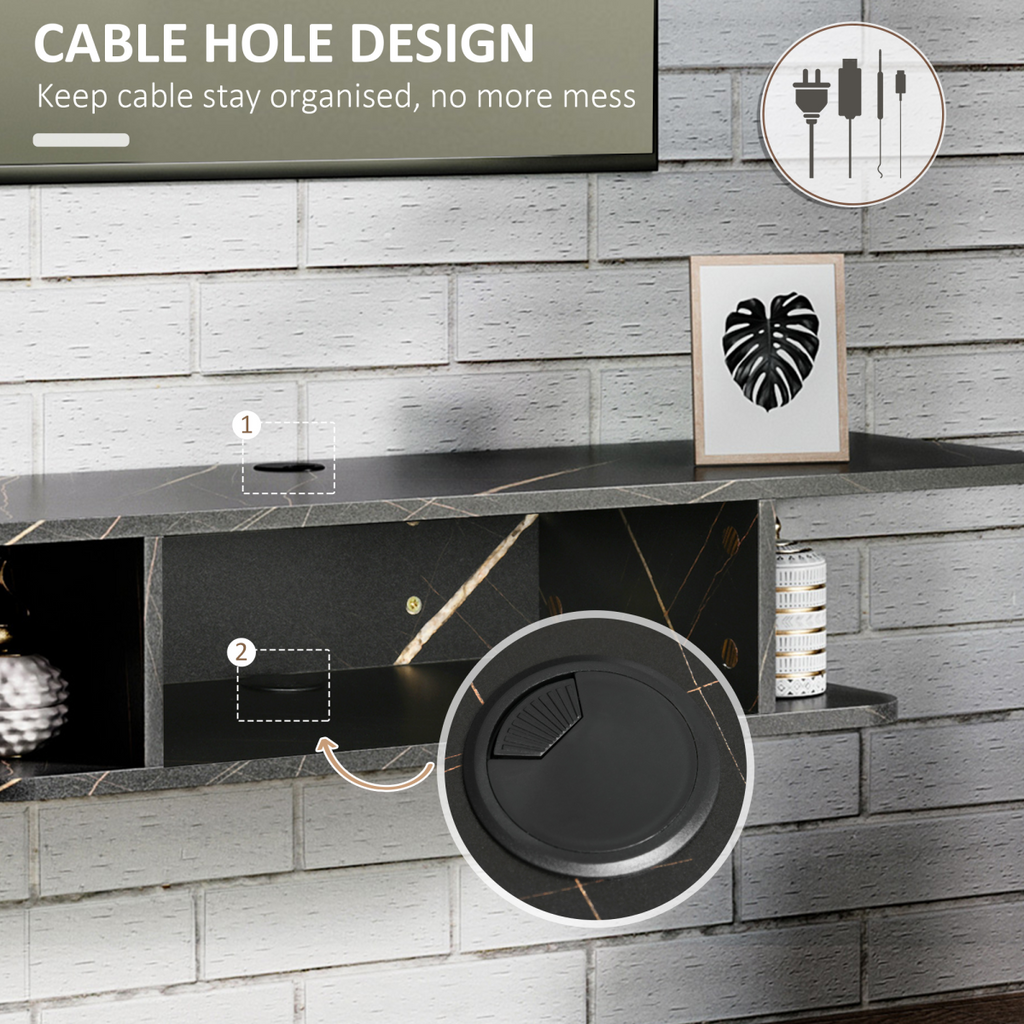 Black wall TV stand with round cable hole in lower compartment for organized wiring