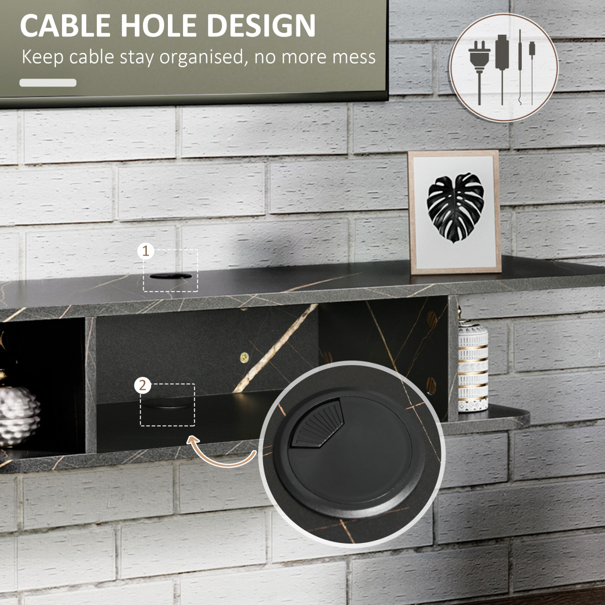 Black wall TV stand with round cable hole in lower compartment for organized wiring