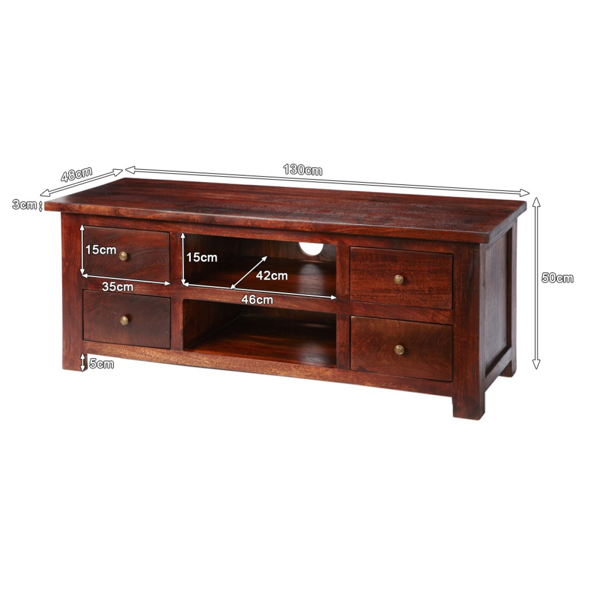 Dark mango TV cabinet with labeled dimensions, open center shelf, and drawer storage.