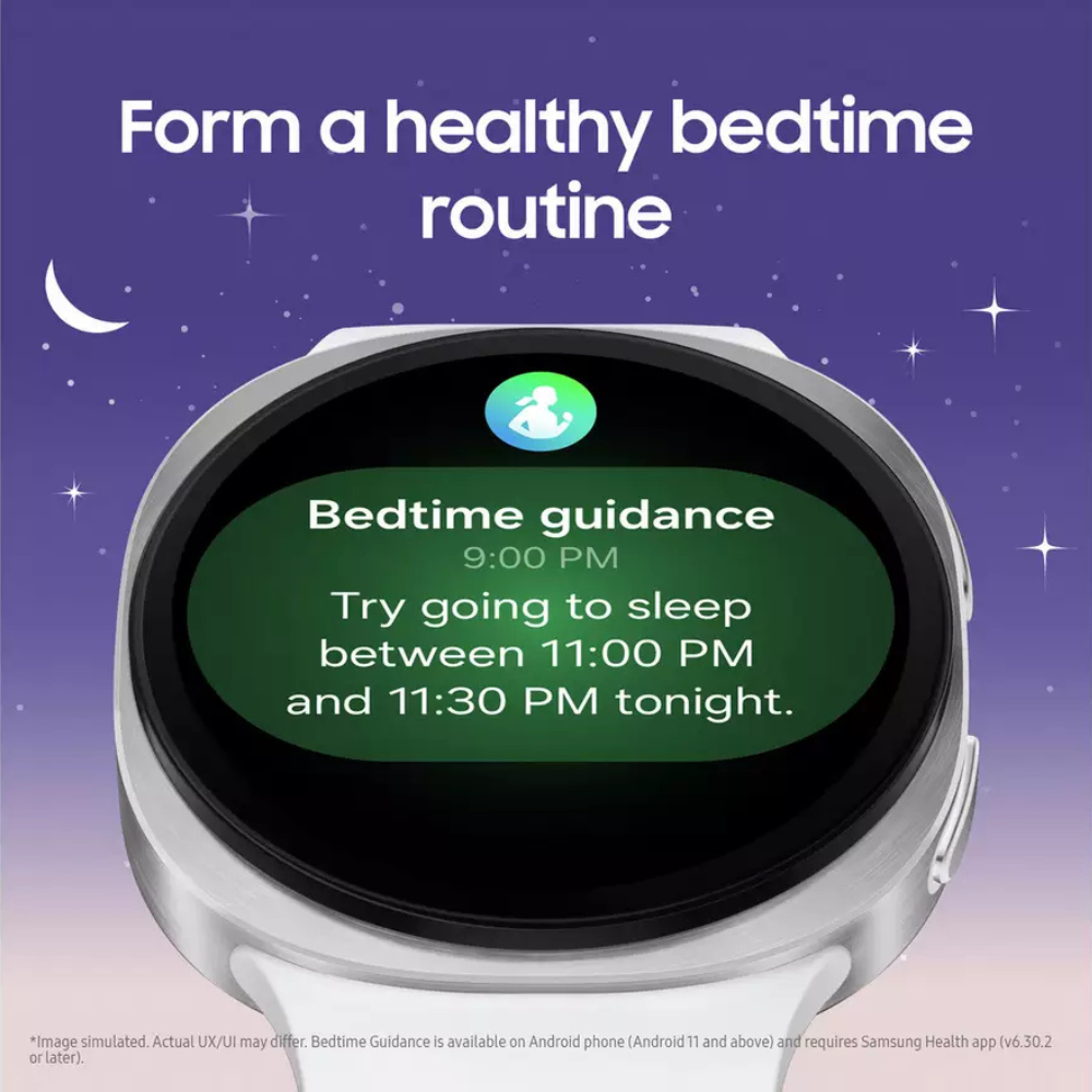 Graphite smartwatch with black display and green bedtime guidance graphic.
