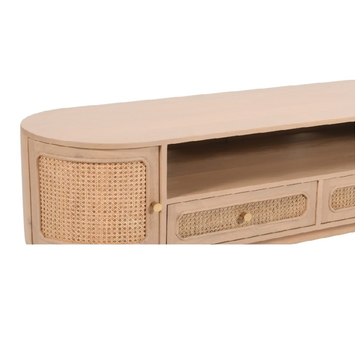 Light wood TV cabinet close-up with cane-style rattan doors and two drawer fronts
