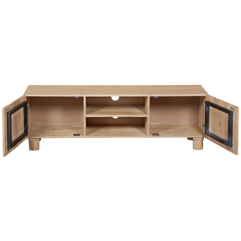 Light wood TV cabinet interior with three open storage sections and two hinged side doors