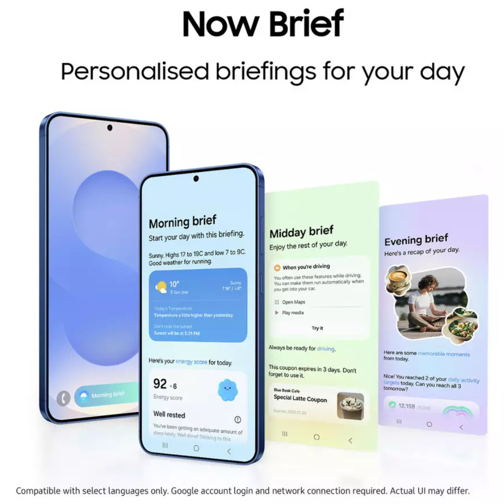 Samsung Galaxy S25 5G smartphone with personalized briefing screen displayed