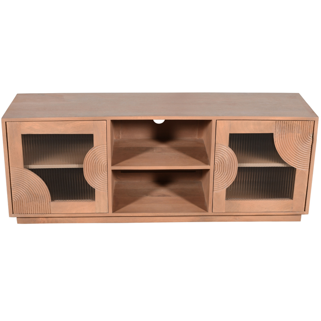 Wood TV cabinet with central open shelf and two side compartments behind ribbed glass doors