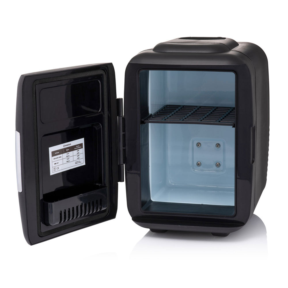 Black mini fridge with open door revealing blue interior and cooling shelf