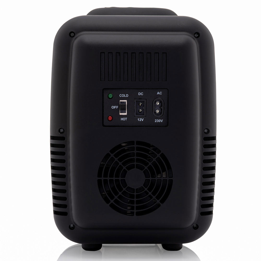Black mini fridge rear view with control panel and power ports