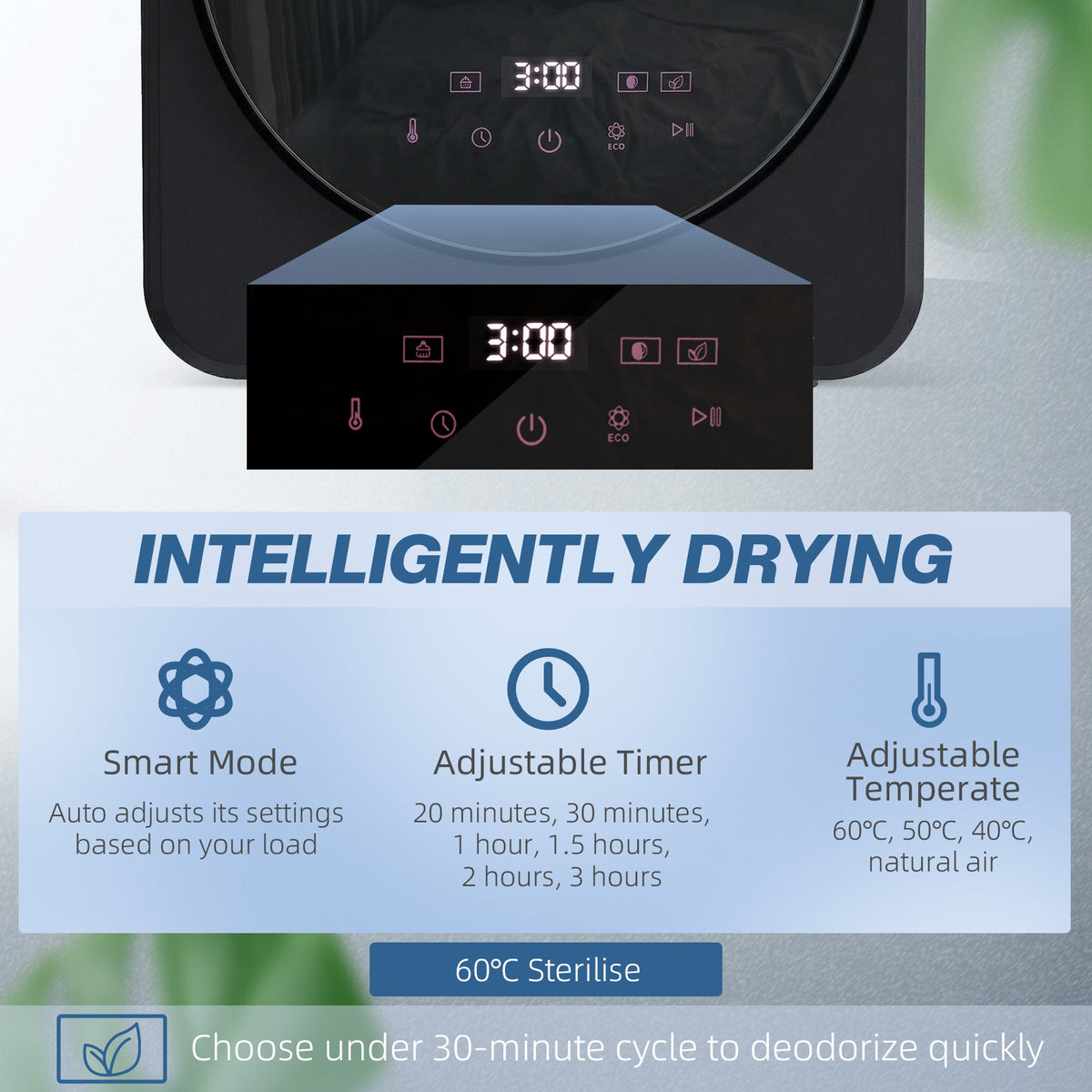 Black tumble dryer front control panel with digital 3:00 display and cycle icons