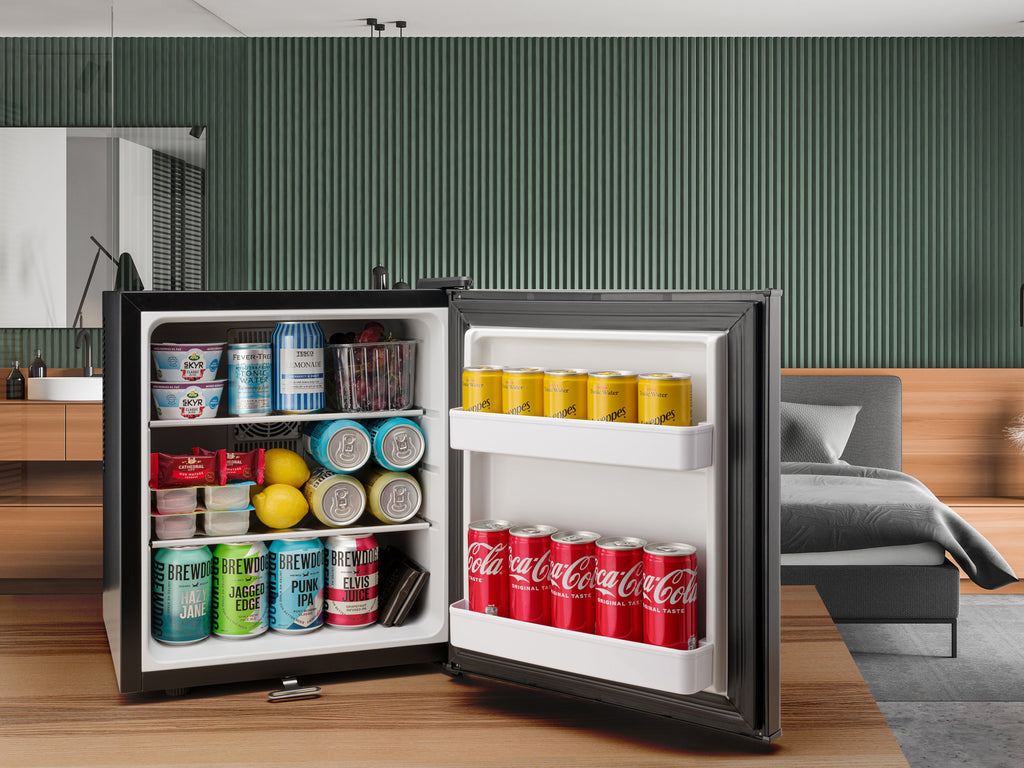 Black mini fridge open with two shelves and compartments holding drink cans