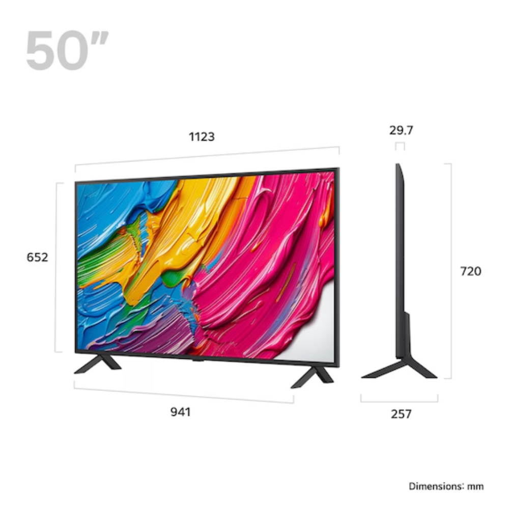 50-inch LG QNED smart TV with colorful abstract screen, front and side profile