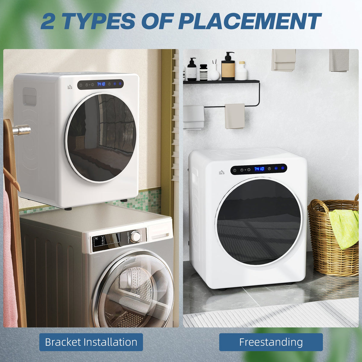 White compact vented tumble dryer shown for bracket installation and freestanding use
