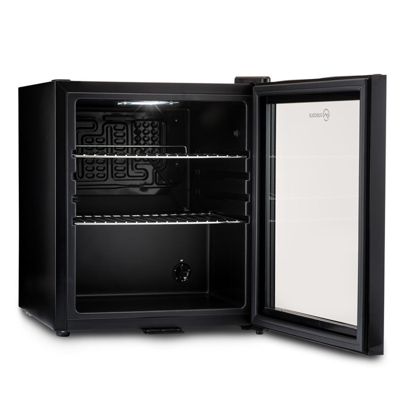 Subcold Super50 LED beer fridge, black open door with wire shelves and LED-lit interior