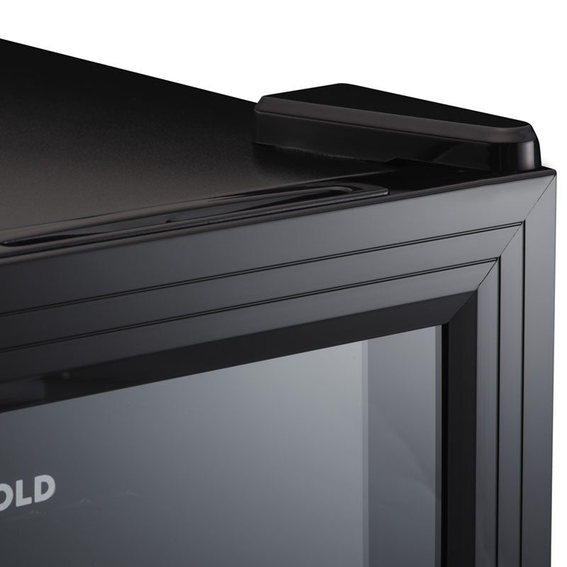 Black LED beer fridge with glass door and top handle