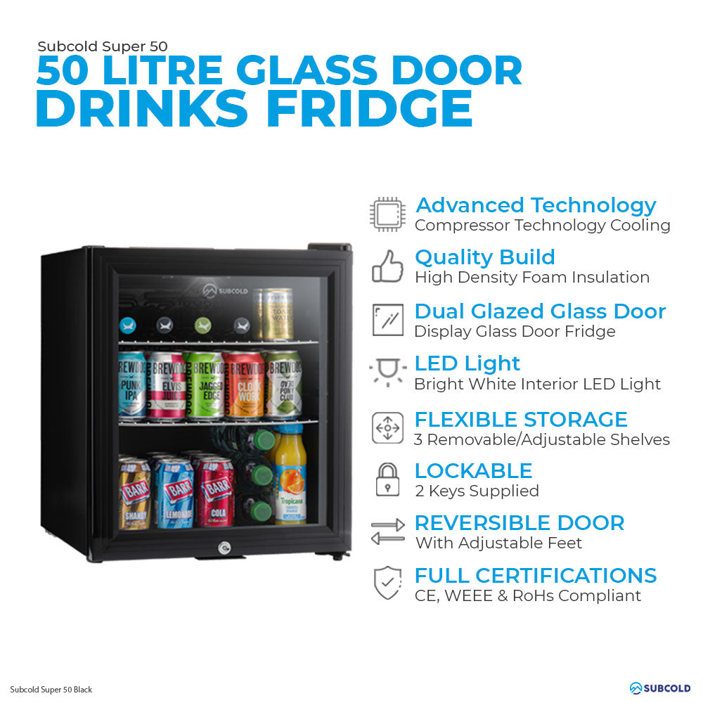 Subcold Super50 LED beer fridge, black glass-door front with interior light and assorted drinks