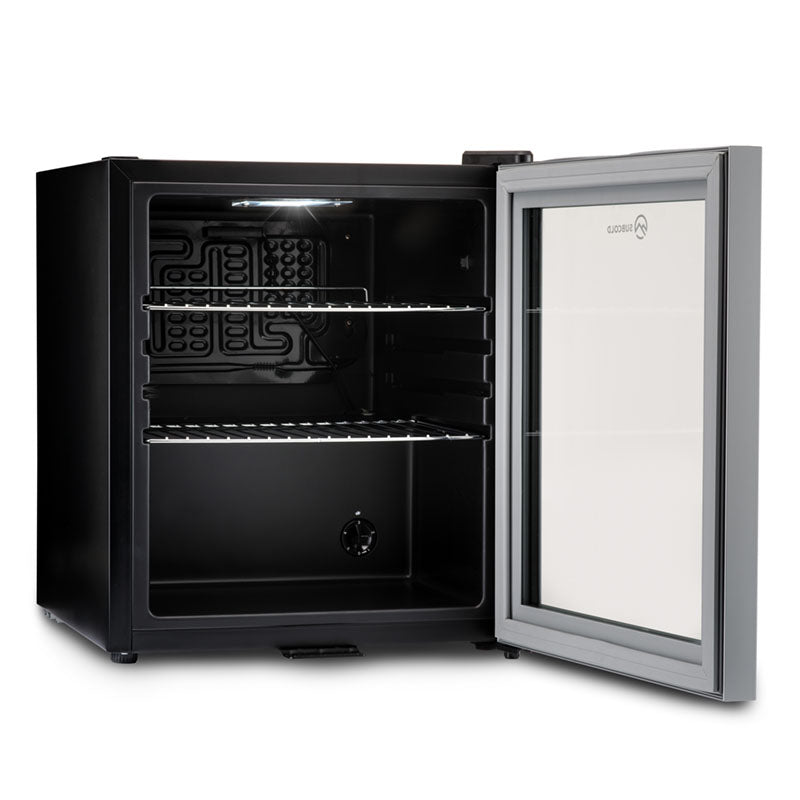 Black beer fridge with glass door open, showing interior shelves and fan-style vents