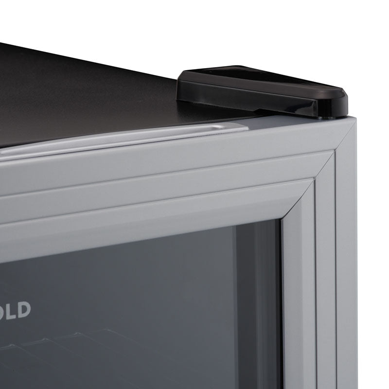 Silver drinks fridge top edge with recessed handle